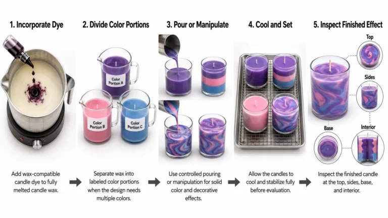 candle dye addition, color pouring and cooled effect inspection