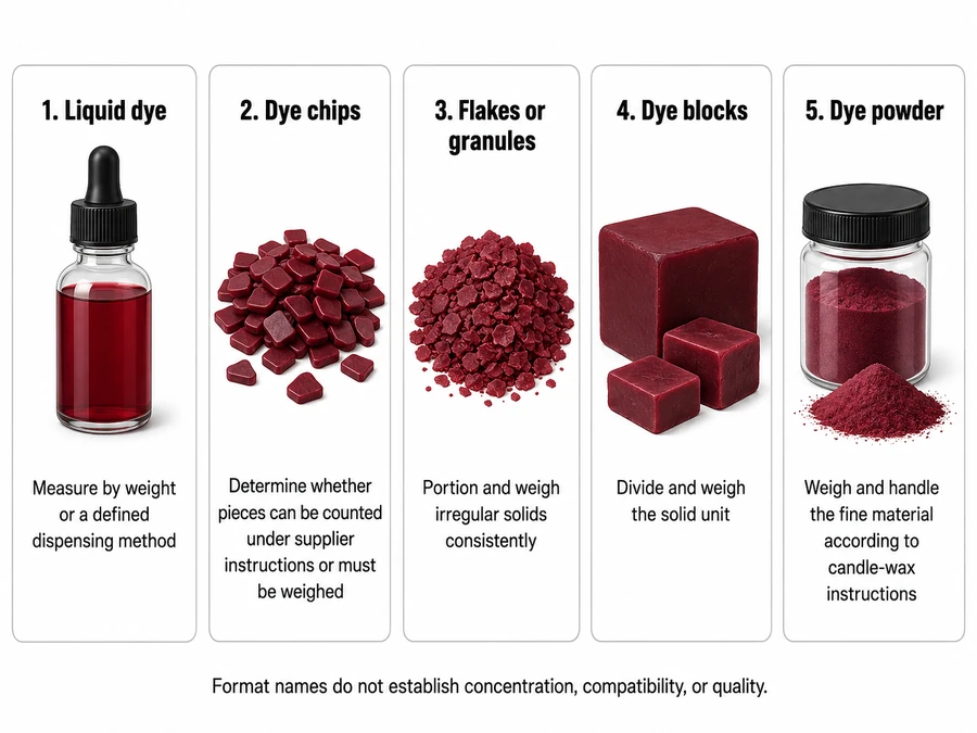 Liquid, chip, flake, block, and powder candle dye formats