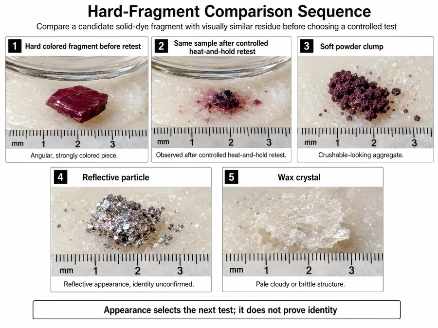 Close-up comparison of hard candle dye fragments, soft powder clumps, reflective mica particles, and wax crystals