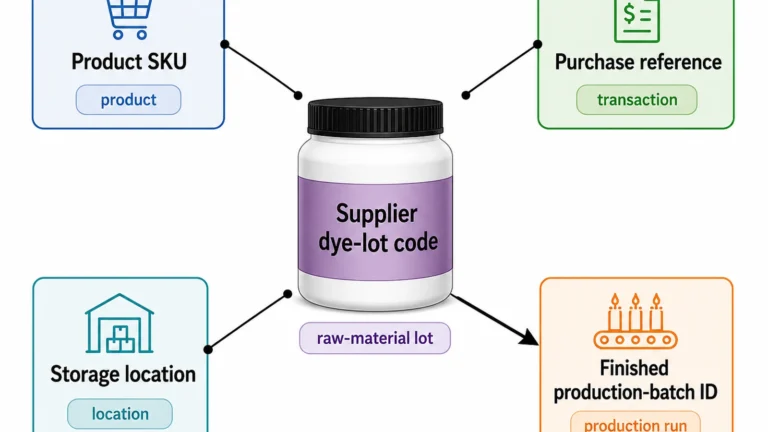 Candle dye lot identifiers and production-batch links