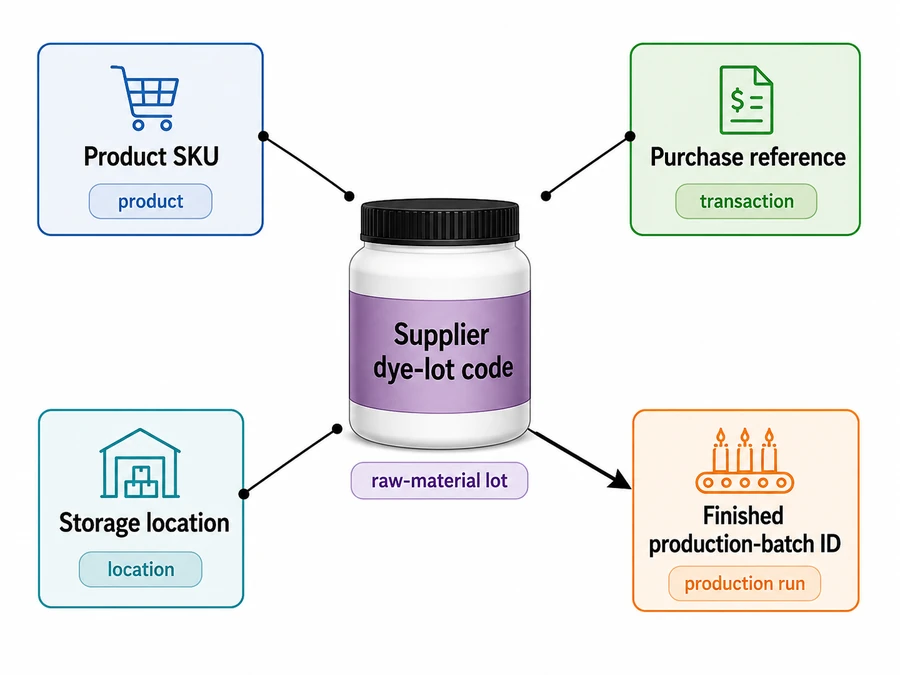 Candle dye lot identifiers and production-batch links