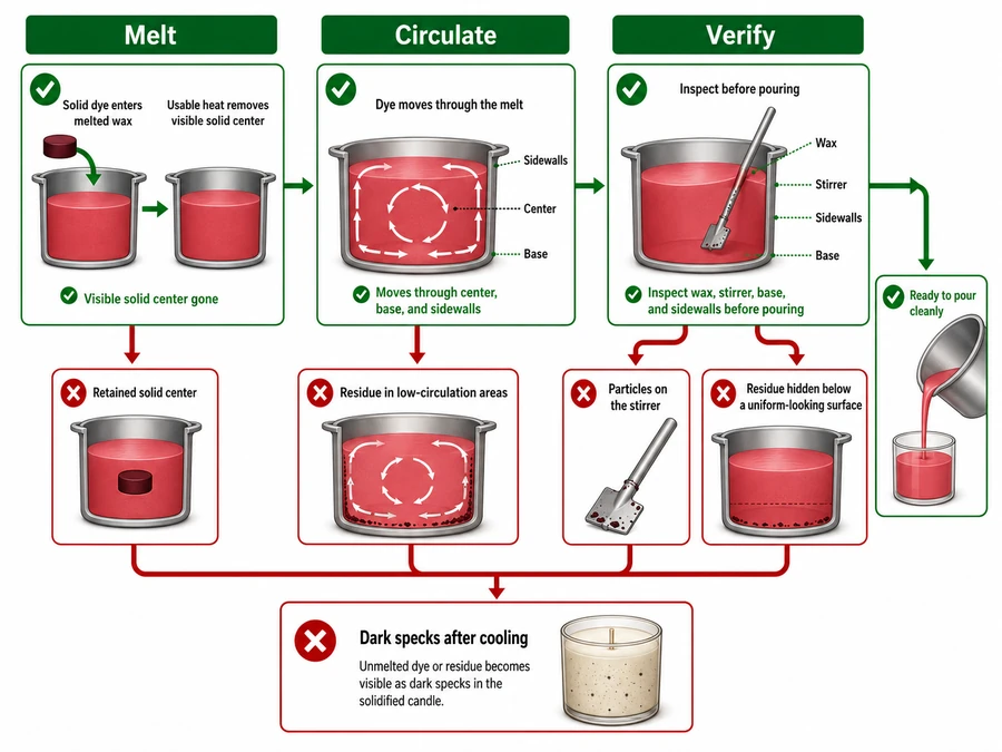 Solid candle dye moving through melt, circulation, and visible-verification stages, with failure points that leave dye specks