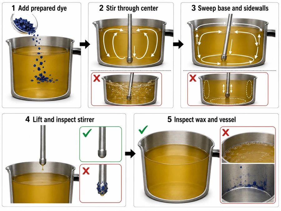 Candle dye mixing through the center, base, and sidewalls with final stirrer and vessel inspection