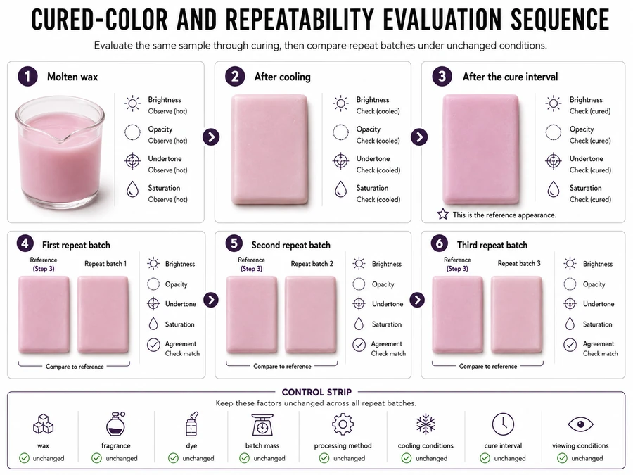 Molten and cured pastel candle-dye samples beside three matched repeat batches