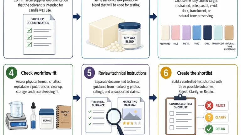 Candle dye selection steps and test-shortlist checkpoints