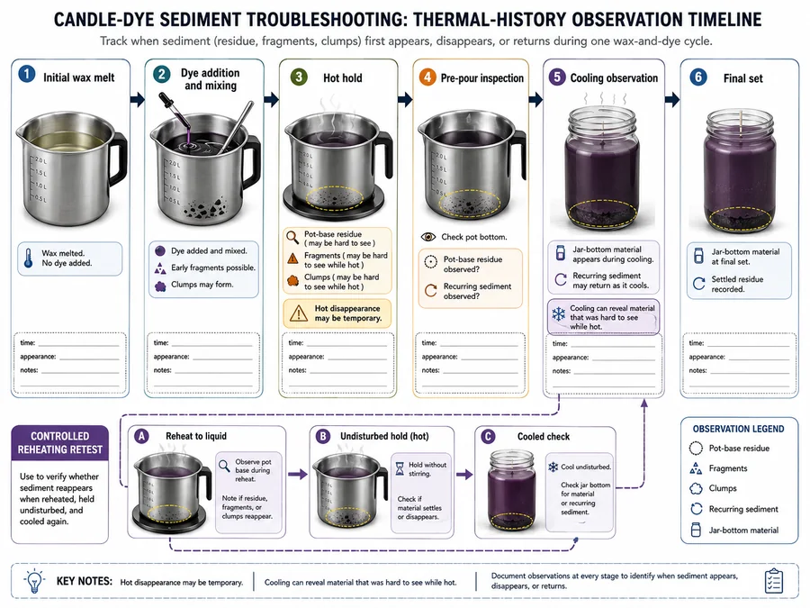 Candle dye thermal history timeline from initial wax melting through dye addition, holding, cooling, reheating, pouring, and final setting