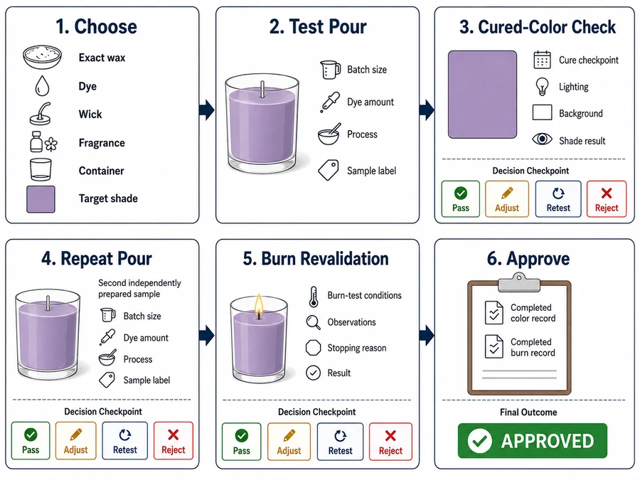 Candle dye cured color and burn validation steps