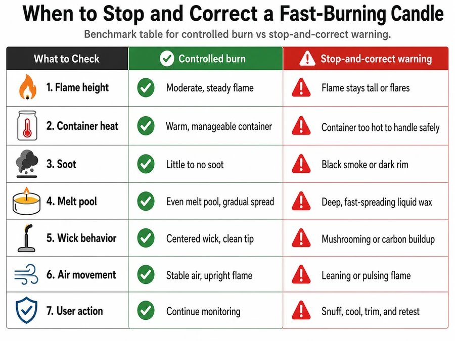 Candle safety benchmark table showing flame height container heat soot and stop-burning signs