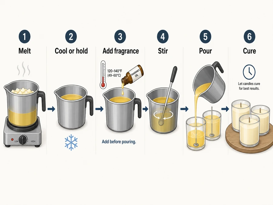 Candle fragrance add sequence and pouring steps