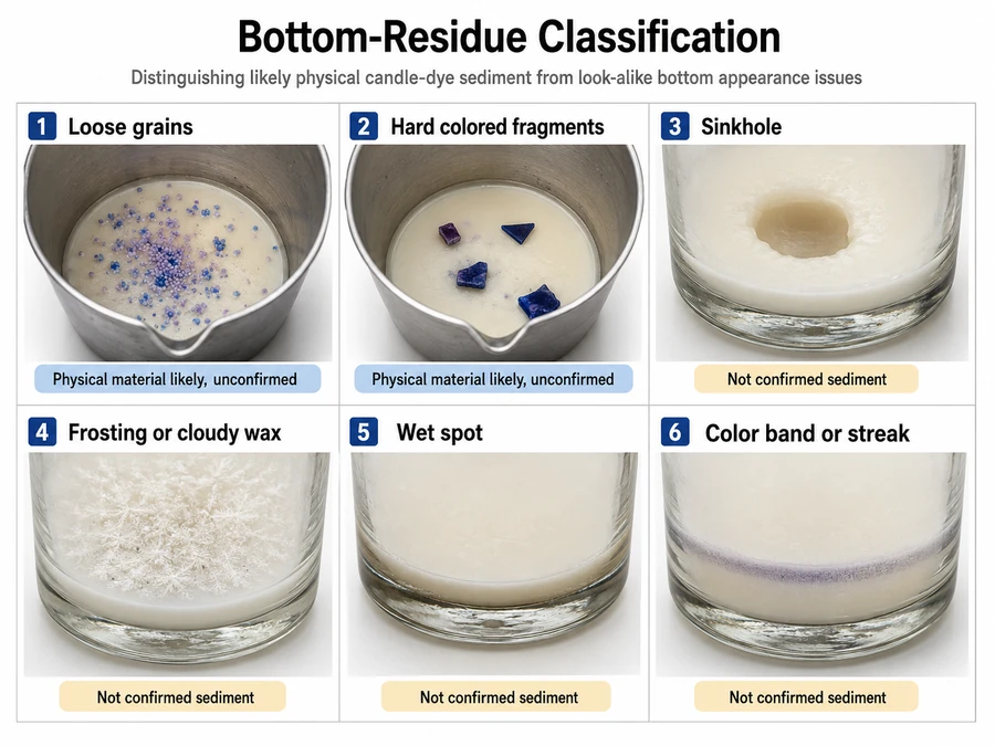Candle making candle dye bottom residue classification by vessel and observation stage