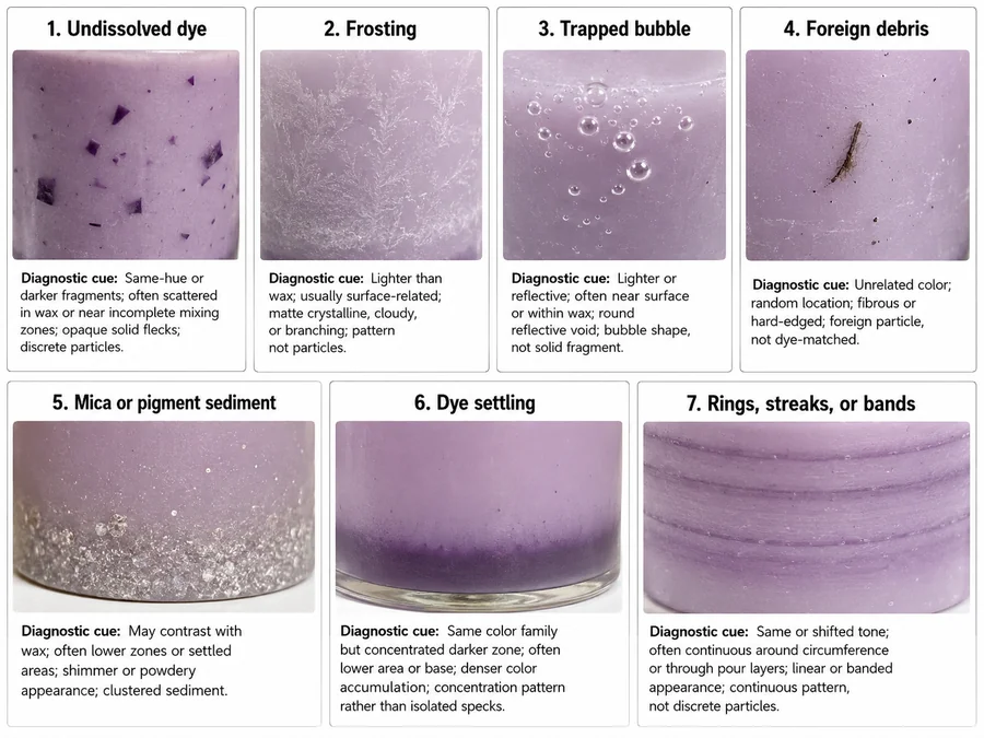 Candle-making dye specks compared by color, location, texture, and pattern with common look-alike candle defects