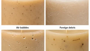Candle-making dye specks compared with white frosting, reflective air bubbles, and foreign debris