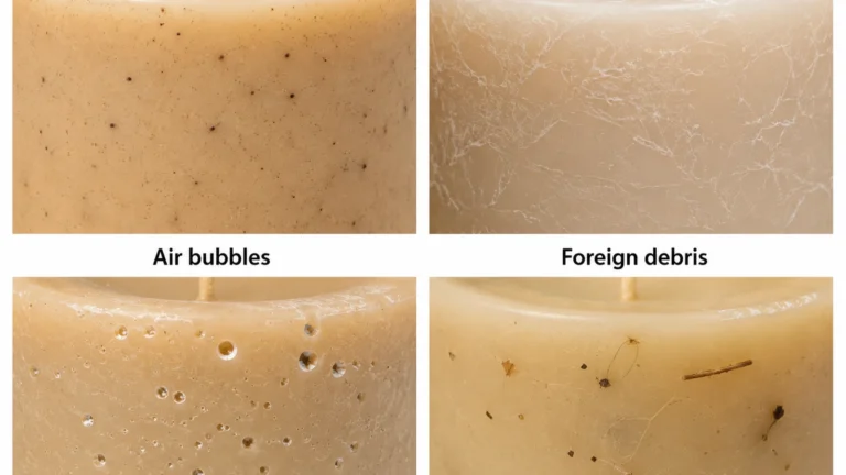 Candle-making dye specks compared with white frosting, reflective air bubbles, and foreign debris