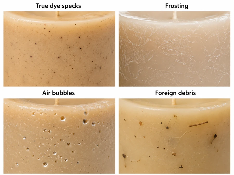 Candle-making dye specks compared with white frosting, reflective air bubbles, and foreign debris