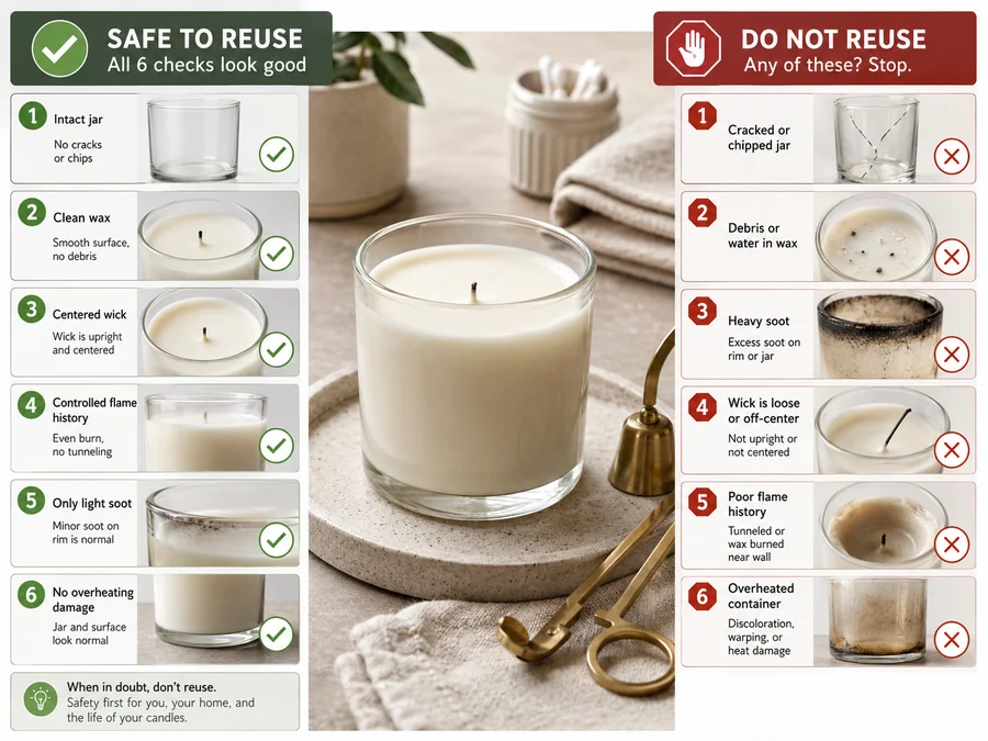 Candle reuse safety check and damaged jar warning