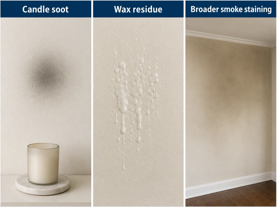 candle soot haze, wax residue, and smoke staining comparison
