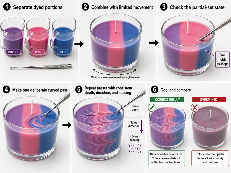 controlled candle swirl and tool-dragged feather lines