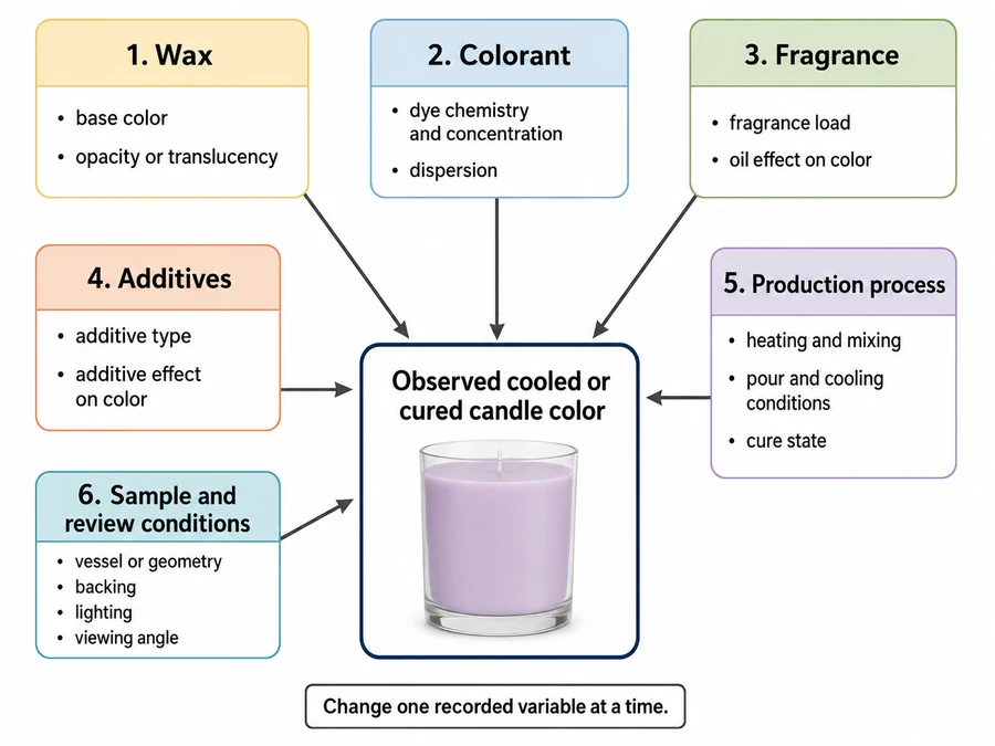 Wax, dye, fragrance, process, and viewing variables affecting candle color