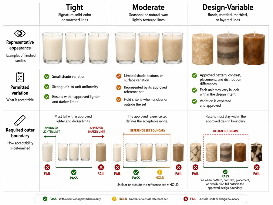 Solid, rustic, and marbled candle tolerance classes and outer limits