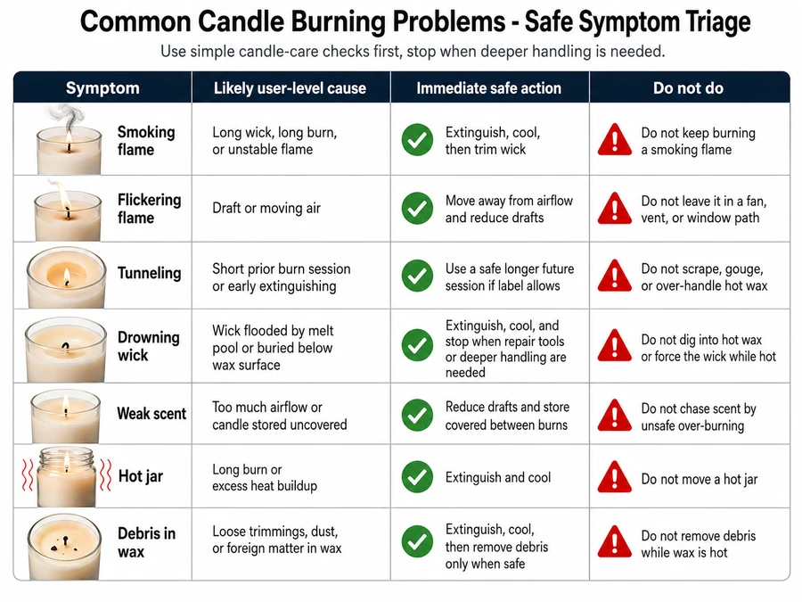 candle troubleshooting symptoms and safe actions
