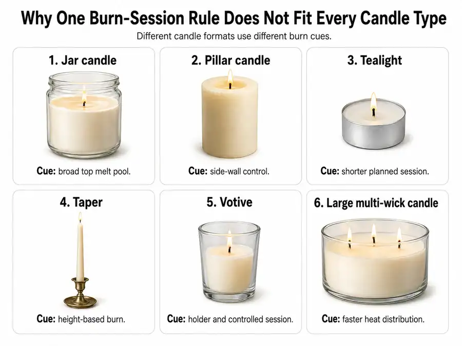 candle types and burn timing cues