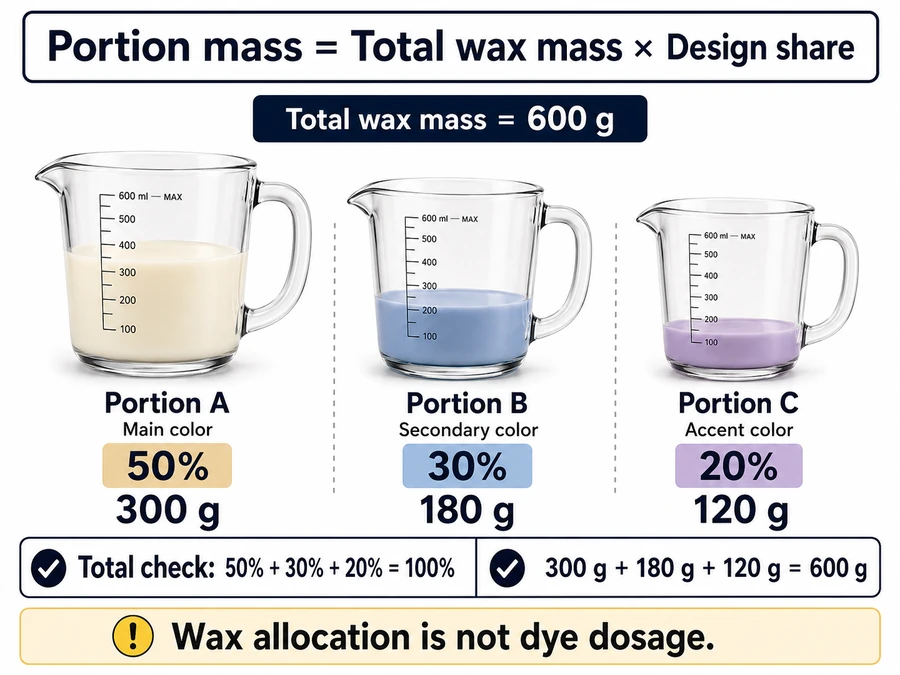 600 gram wax split and labeled color portions