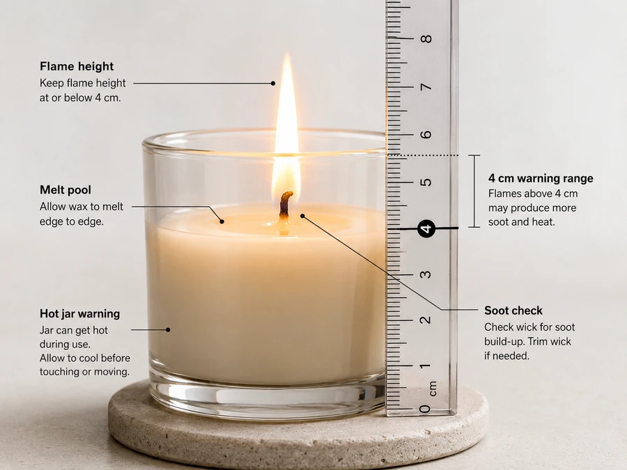 Candle wick too large with flame height checked against a ruler