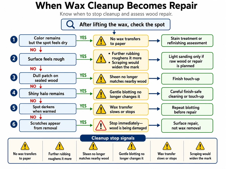 candle wax cleanup and wood repair decisions