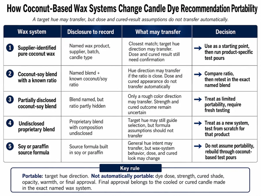 Coconut wax systems and dye recommendation portability