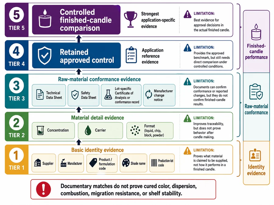 Supplier and lot evidence hierarchy for candle colorant equivalence
