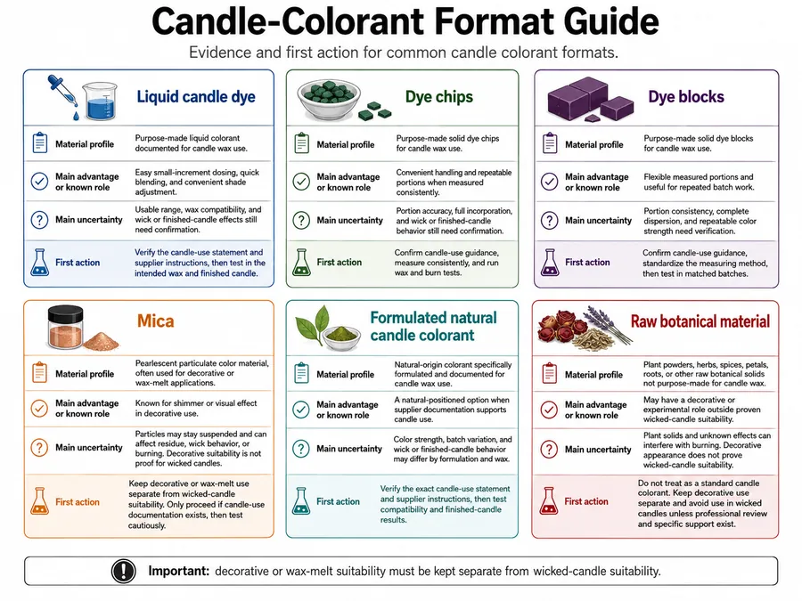 Liquid dye, chips, blocks, mica, and natural colorant guide