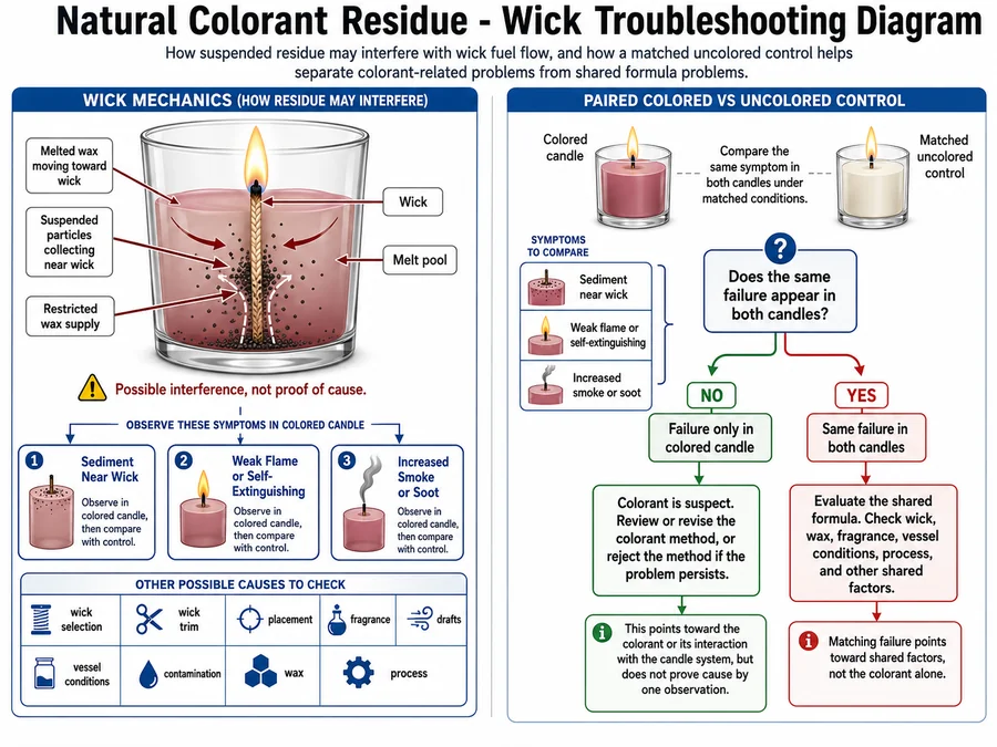Suspended colorant residue, wick fuel flow and control comparison