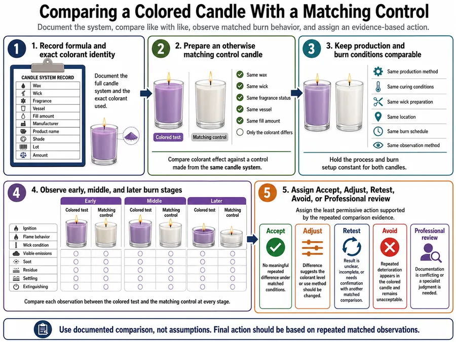 Colored candle control comparison and burn-test stages