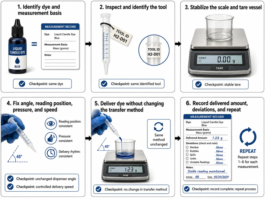 Liquid candle dye tools and consistent measurement steps
