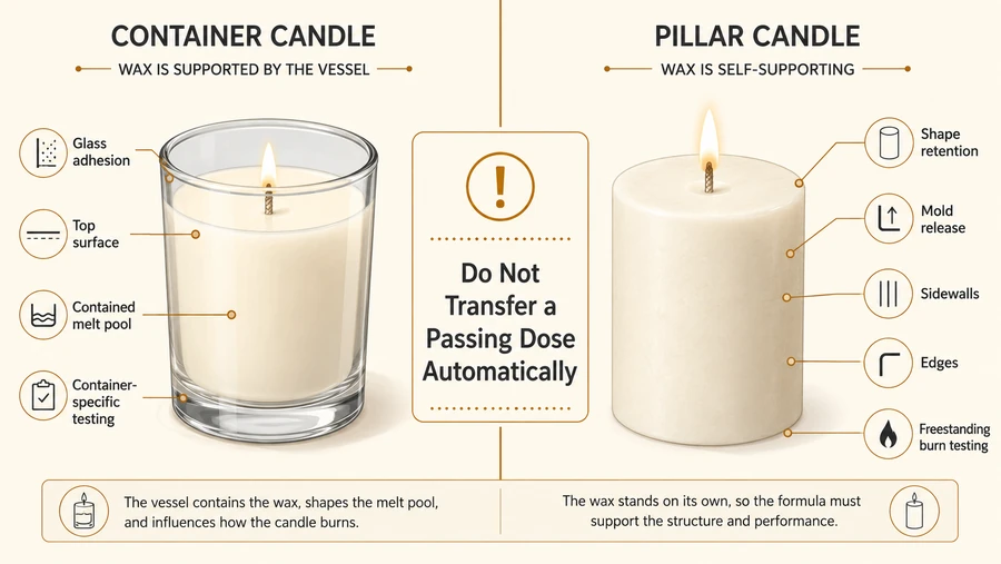 Container and pillar candle additive logic compared by support, release, and burn