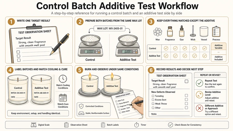 Candle additive control batch workflow with matched preparation, burn, and records