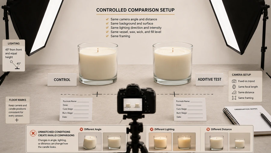 Controlled candle appearance comparison with matched lighting, angle, distance, and labels