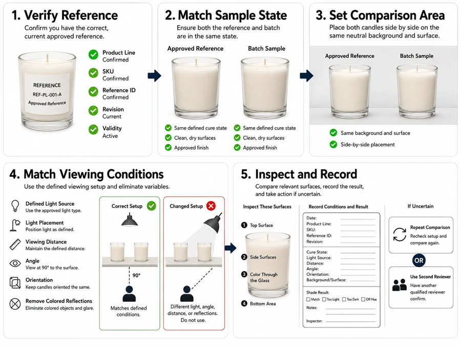 Reference and batch candle comparison under matched inspection conditions