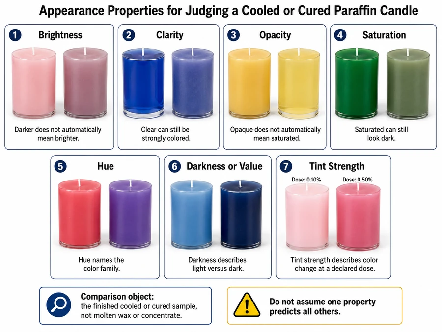 brightness, clarity, opacity, and saturation in cured paraffin