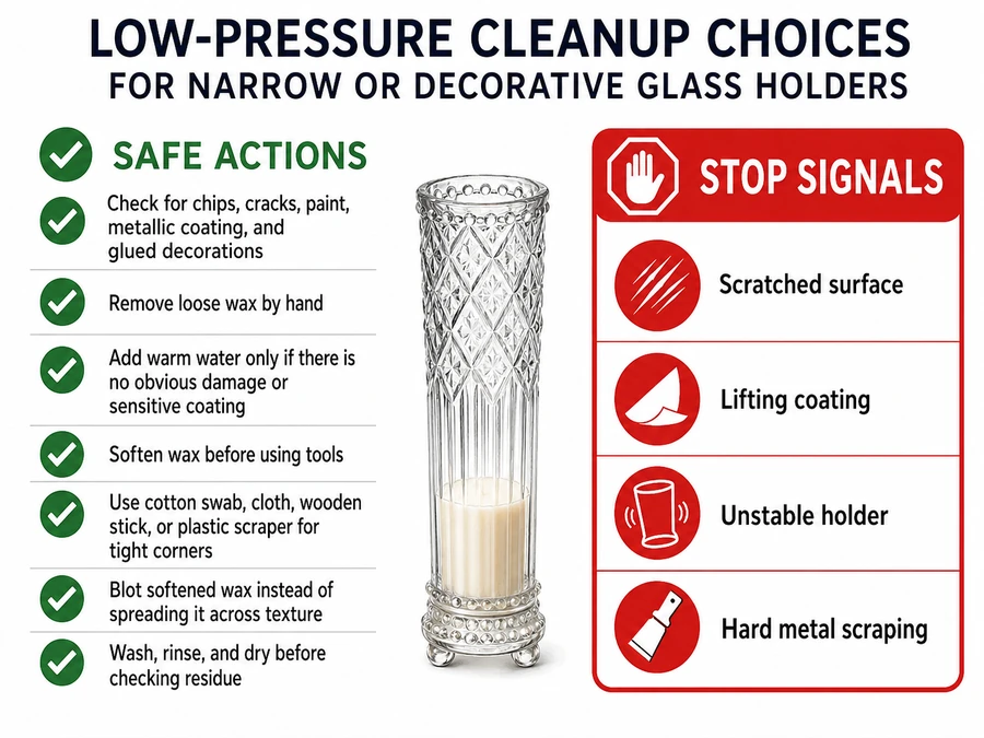 Decorative glass holder cleanup and stop signals