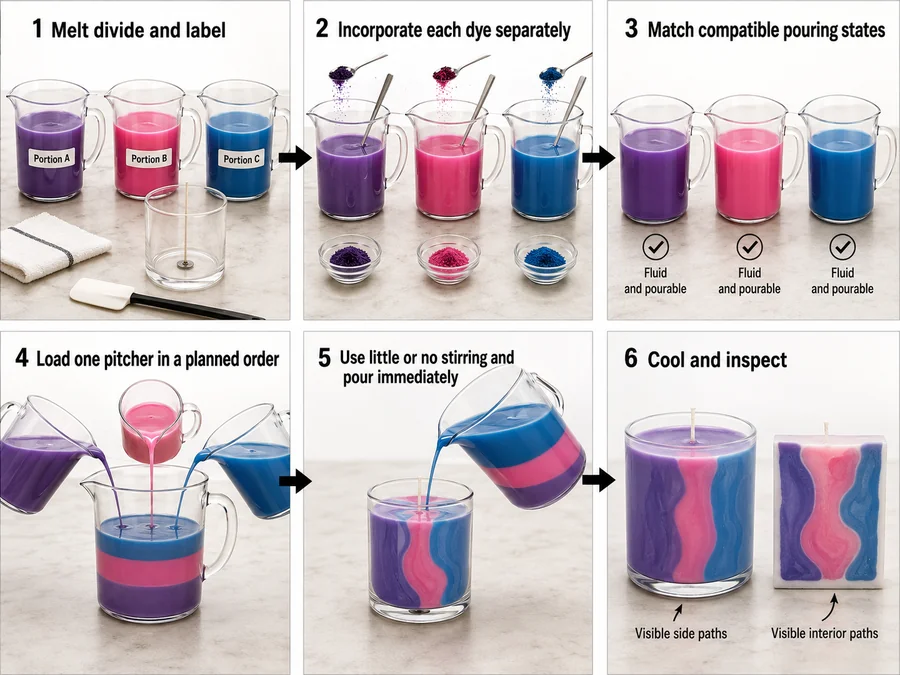 separate dyed wax portions and dirty-pour transfer