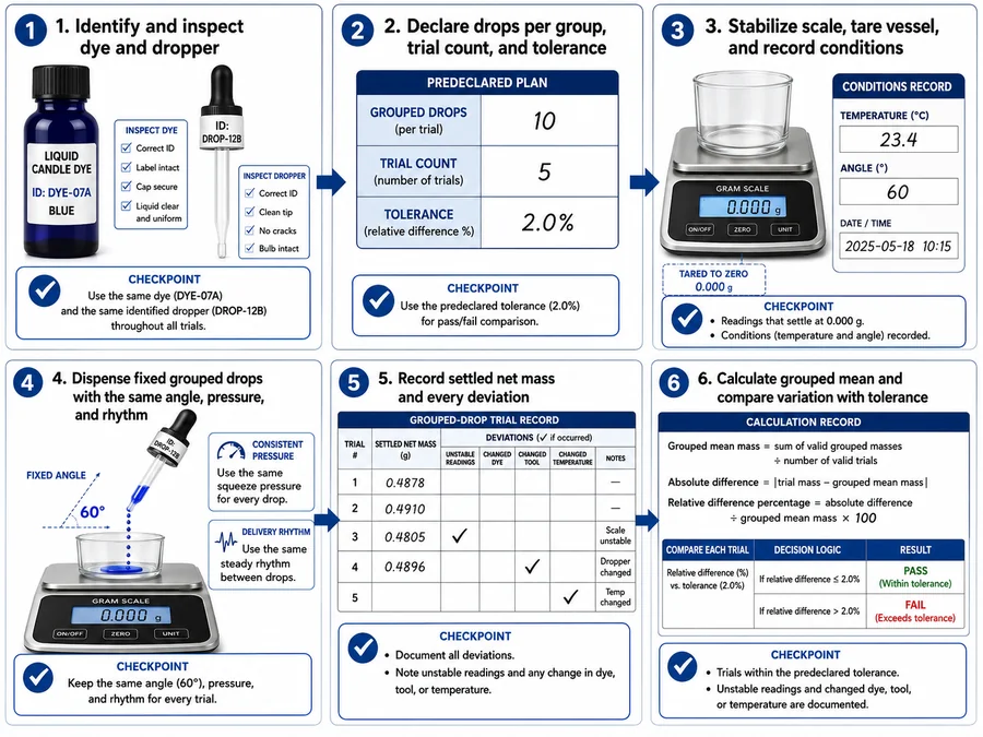 Liquid candle dye dropper and grouped repeatability test