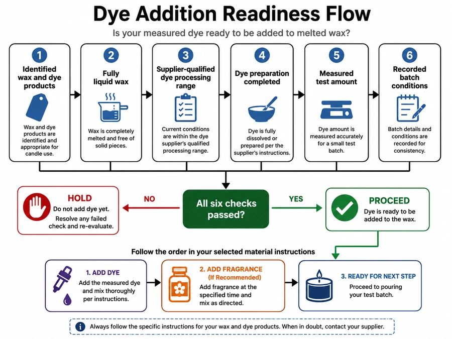 Wax readiness and dye-add sequence decisions