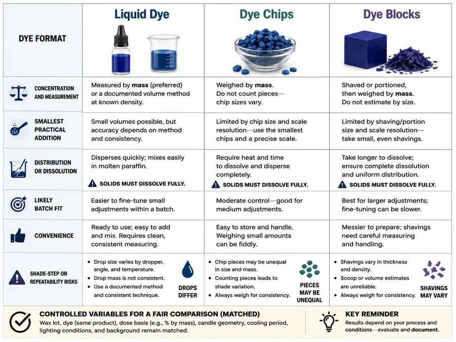 liquid dye, chips, and blocks by dose control