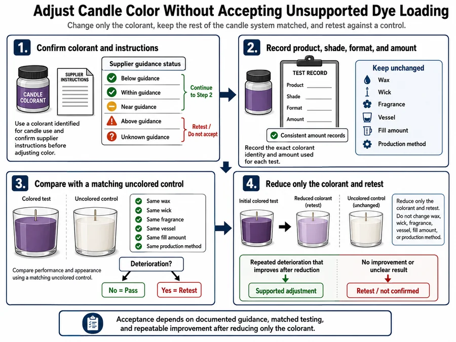 Dye amount adjustment and control candle retesting