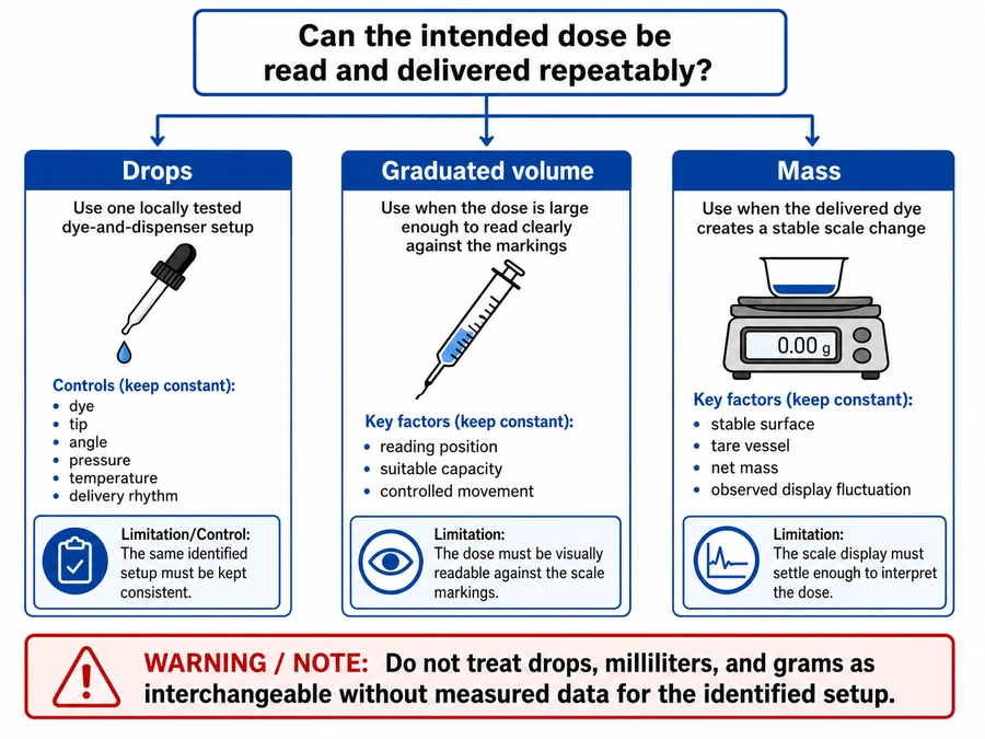 Liquid candle dye drops, milliliters, and grams decision path