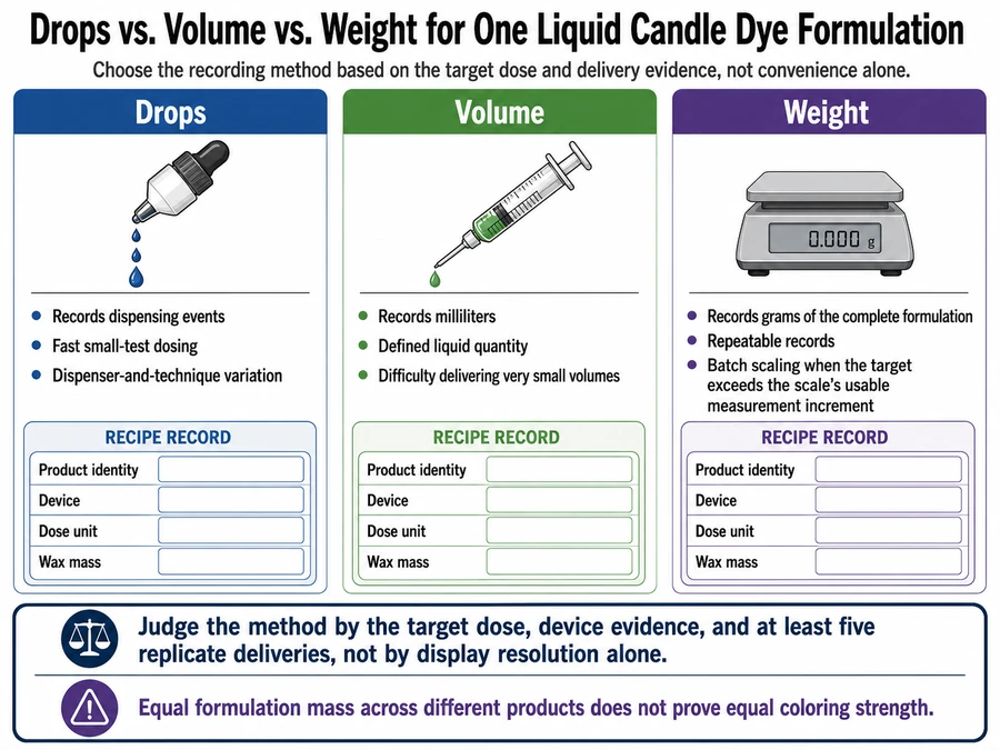 Liquid candle dye drops, volume, and weight comparison