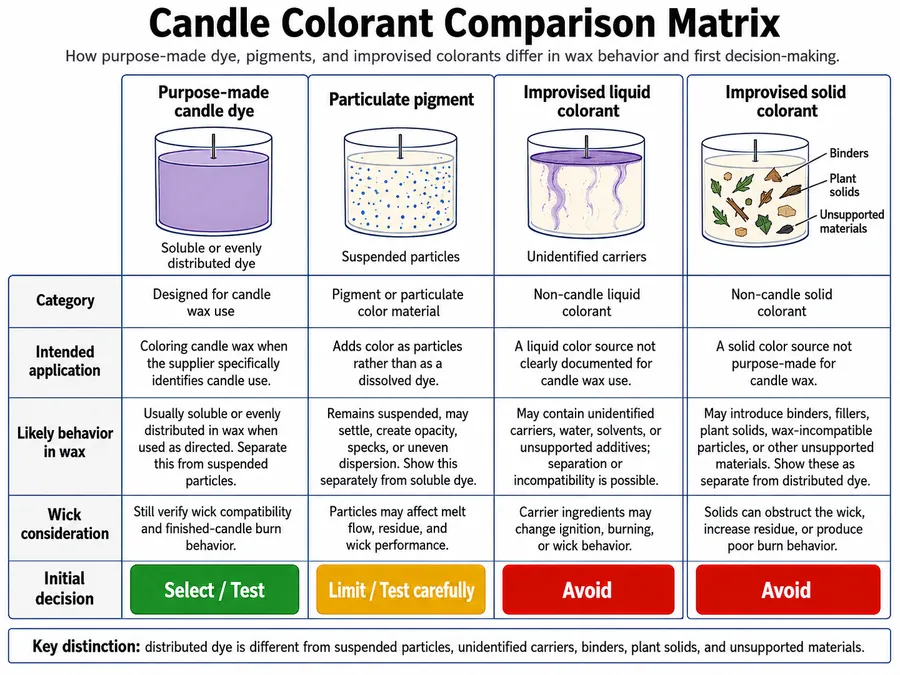 Candle dye, pigment, and improvised colorant comparison