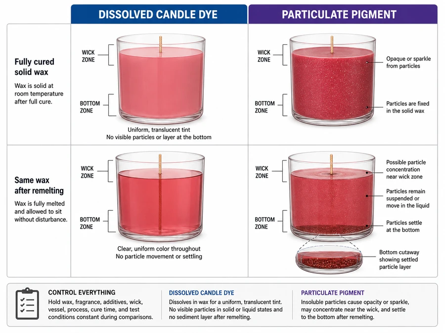 transparent dye and sparkling pigment in solid and melted wax