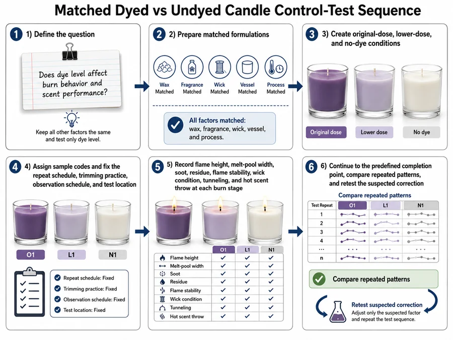 dyed and undyed candle control test stages